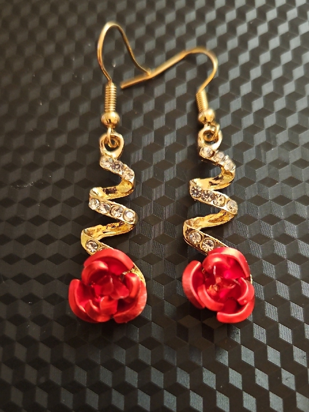 Gold-Tone Earrings with Red Rose and Crystal Accents - Women Jewelry